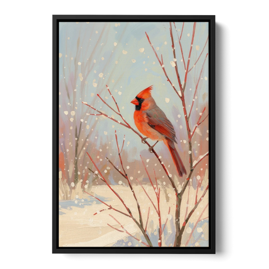 Winter Red Bird on Snowy Dogwood - Black Framed Canvas Wall Art - Front