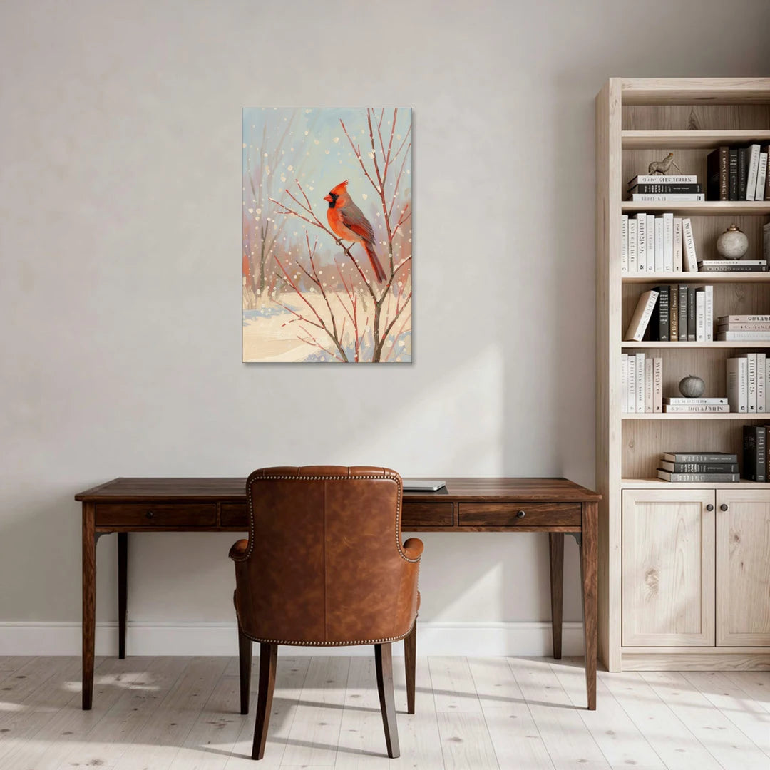 Winter Red Bird on Snowy Dogwood - Canvas Wall Art - Office - 24x36