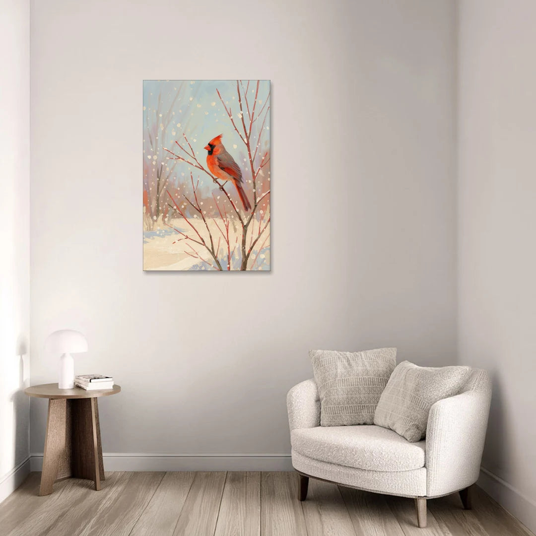 Winter Red Bird on Snowy Dogwood - Canvas Wall Art - Sofa - 24x36