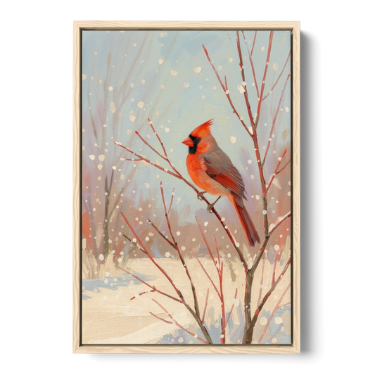 Winter Red Bird on Snowy Dogwood - Oak Framed Canvas Wall Art - Front