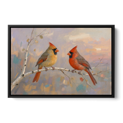 Winter Red Cardinal Pair on Twilight Birch - Black Framed Canvas Wall Art - Front