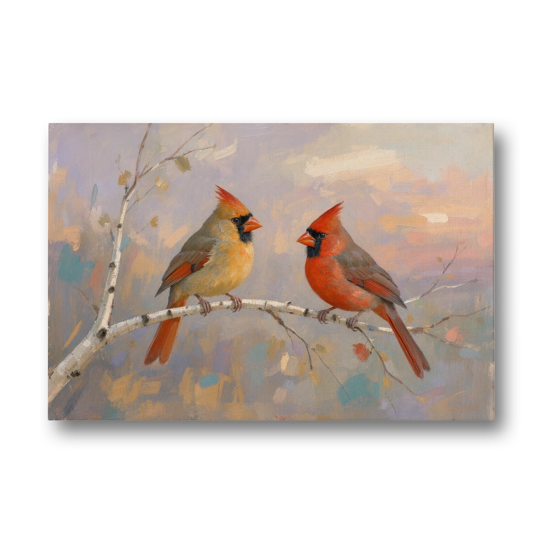 Winter Red Cardinal Pair on Twilight Birch - Canvas Wall Art - Front