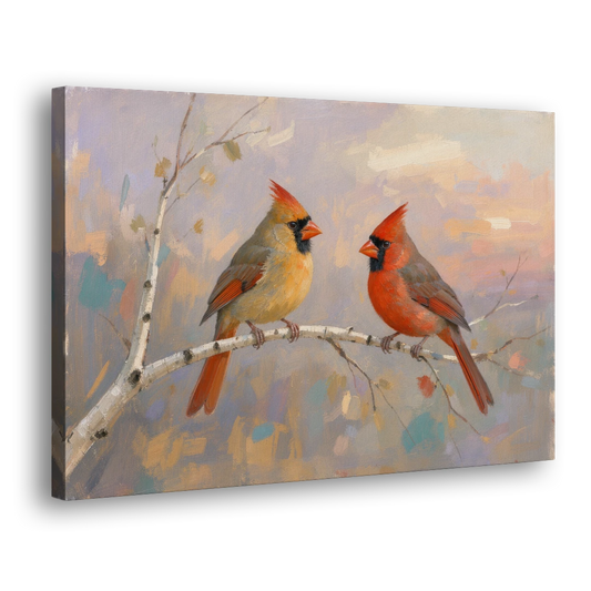 Winter Red Cardinal Pair on Twilight Birch - Canvas Wall Art - Side