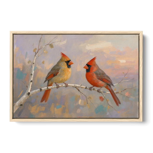 Winter Red Cardinal Pair on Twilight Birch - Oak Framed Canvas Wall Art - Front