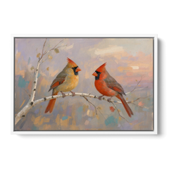 Winter Red Cardinal Pair on Twilight Birch - White Framed Canvas Wall Art - Front