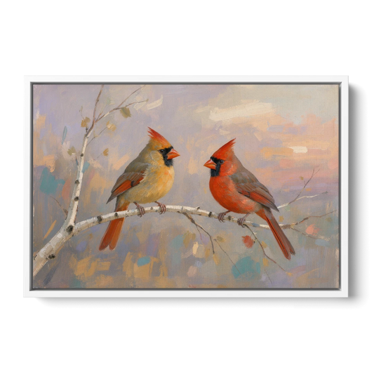 Winter Red Cardinal Pair on Twilight Birch - White Framed Canvas Wall Art - Front