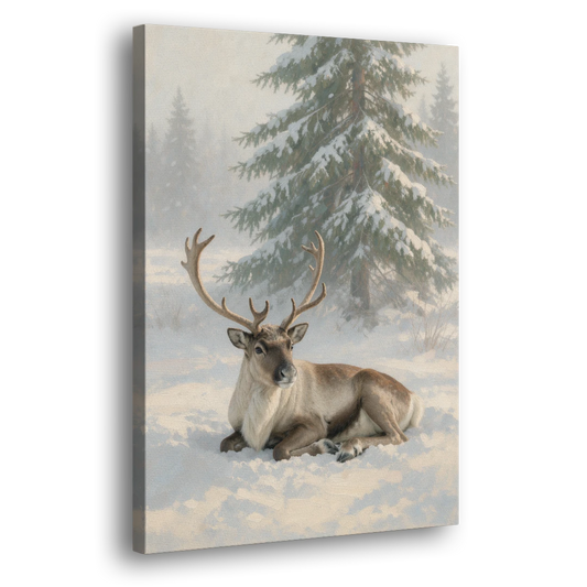 Winter Reindeer Resting Under the Spruce - Canvas Wall Art - Side