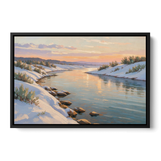 Winter River Painting at Dusk - Black Framed Canvas Wall Art - Front