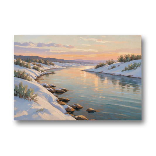 Winter River Painting at Dusk - Canvas Wall Art - Front