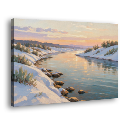 Winter River Painting at Dusk - Canvas Wall Art - Side