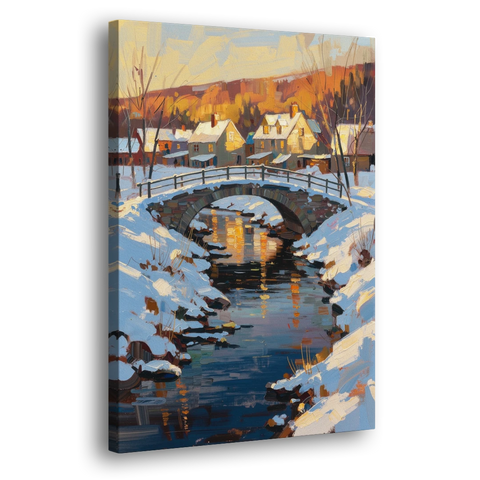 Winter Village Painting with Stone Footbridge - Canvas Wall Art - Side