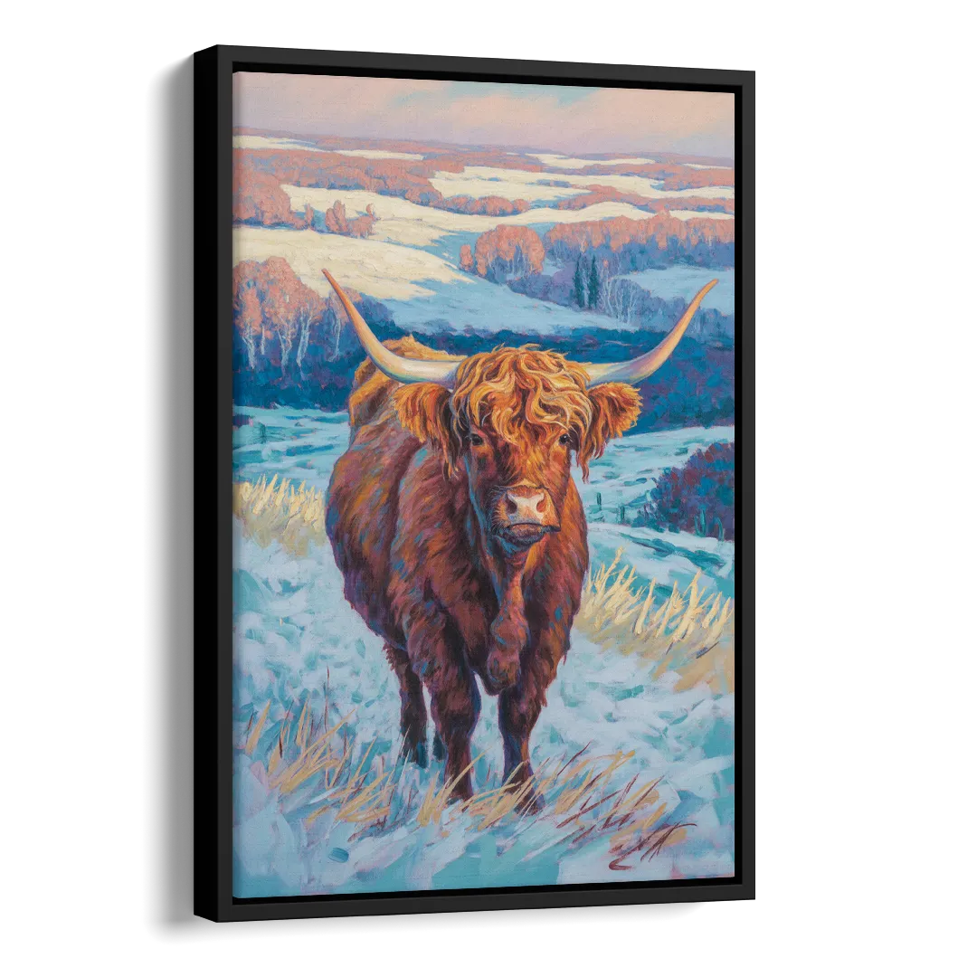 Winter Wonderland Highland Cow Side - Black Canvas Wall Art