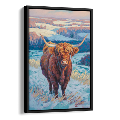 Winter Wonderland Highland Cow Side - Black Canvas Wall Art