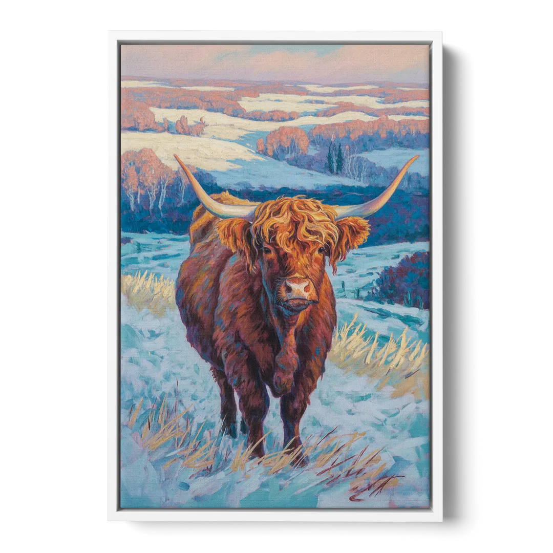 Winter Wonderland Highland Cow Front - White Canvas Wall Art