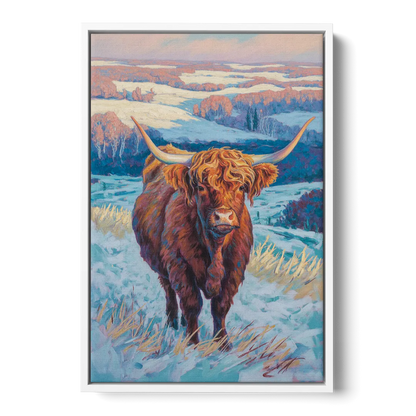 Winter Wonderland Highland Cow Front - White Canvas Wall Art