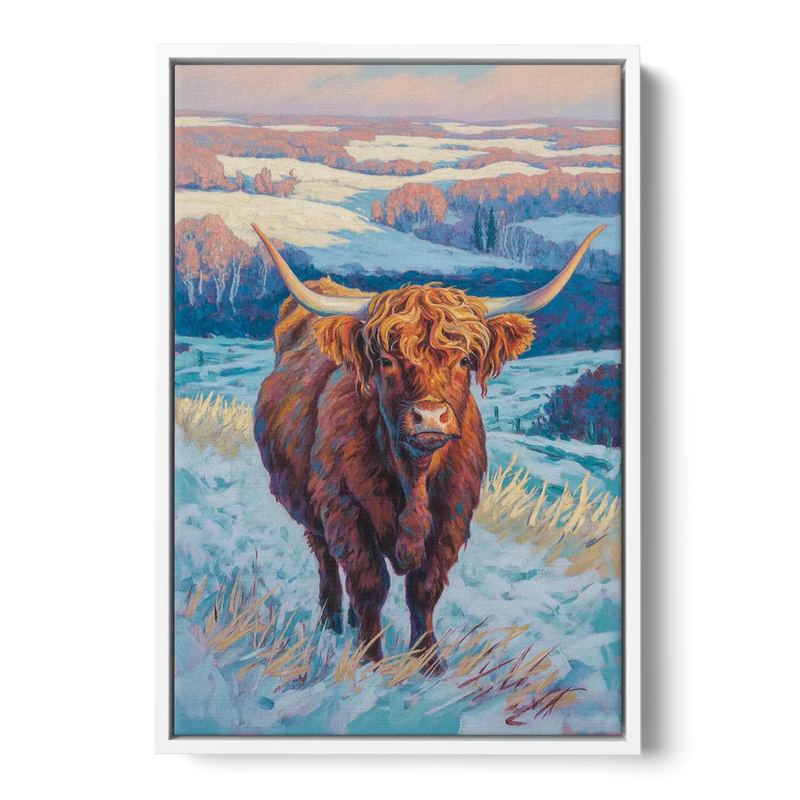Winter Wonderland Highland Cow Front - White Canvas Wall Art
