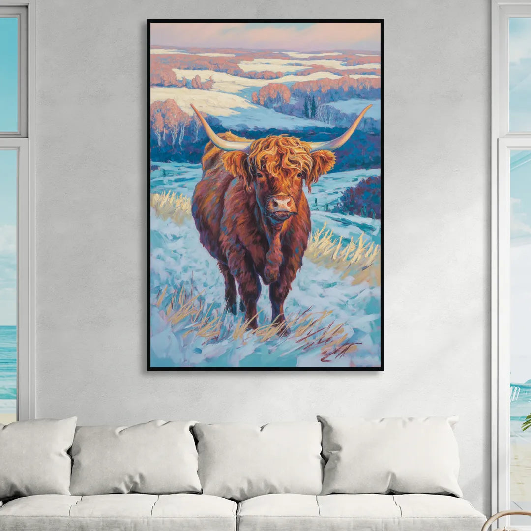 Winter Wonderland Highland Cow Living Room - Black Canvas Wall Art