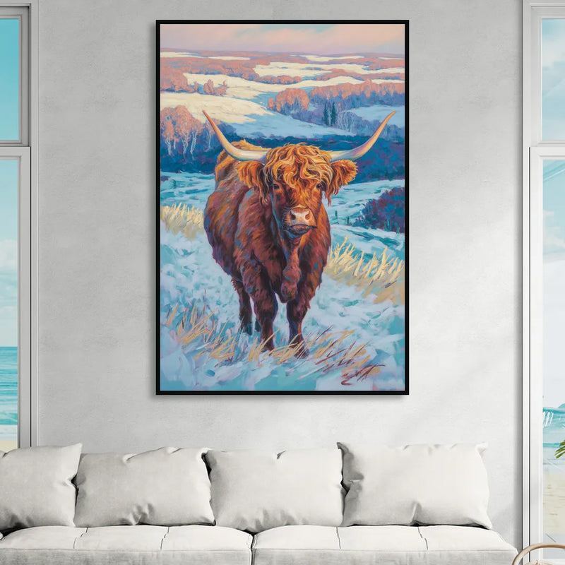 Winter Wonderland Highland Cow Living Room - Black Canvas Wall Art