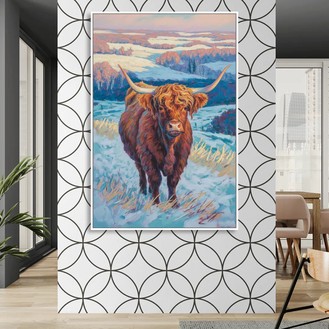 Winter Wonderland Highland Cow Living Room - White Canvas Wall Art