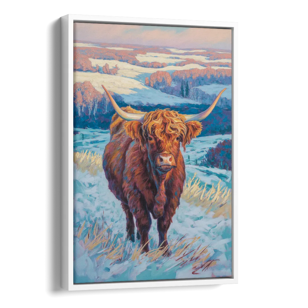 Winter Wonderland Highland Cow Side - White Canvas Wall Art