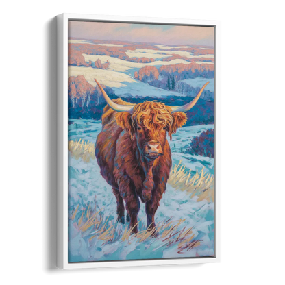 Winter Wonderland Highland Cow Side - White Canvas Wall Art