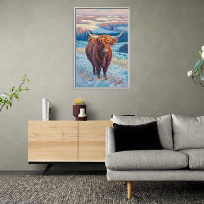 Winter Wonderland Highland Cow - Living Room White Frame Canvas