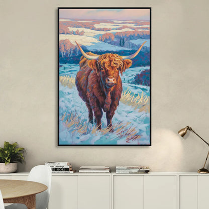 Winter Wonderland Highland Cow Sitting Room - Black Canvas Wall Art