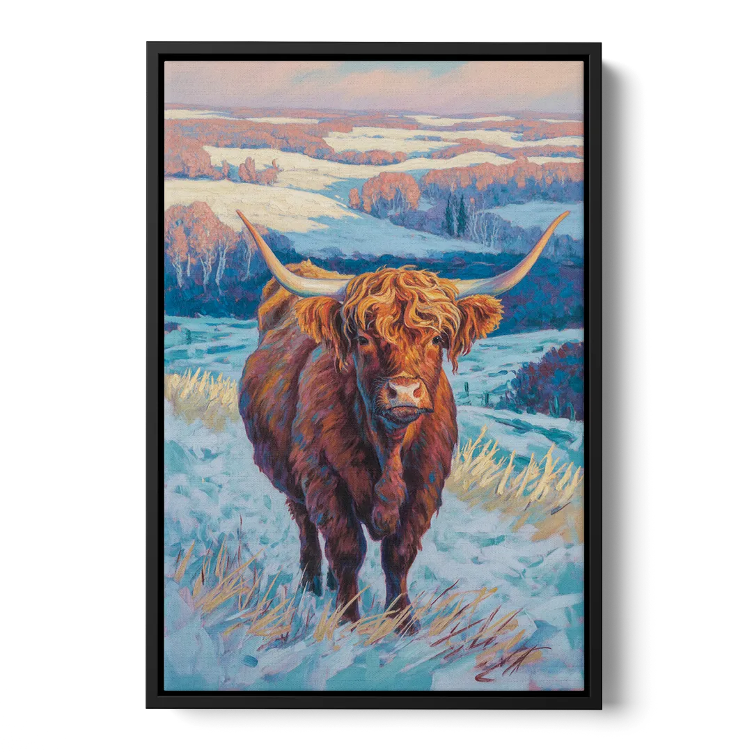 Winter Wonderland Highland Cow Front - Black Canvas Wall Art
