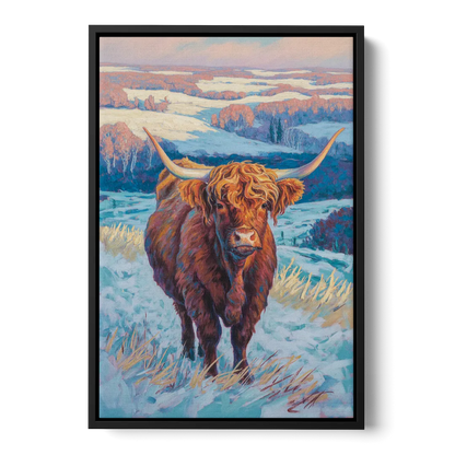 Winter Wonderland Highland Cow Front - Black Canvas Wall Art