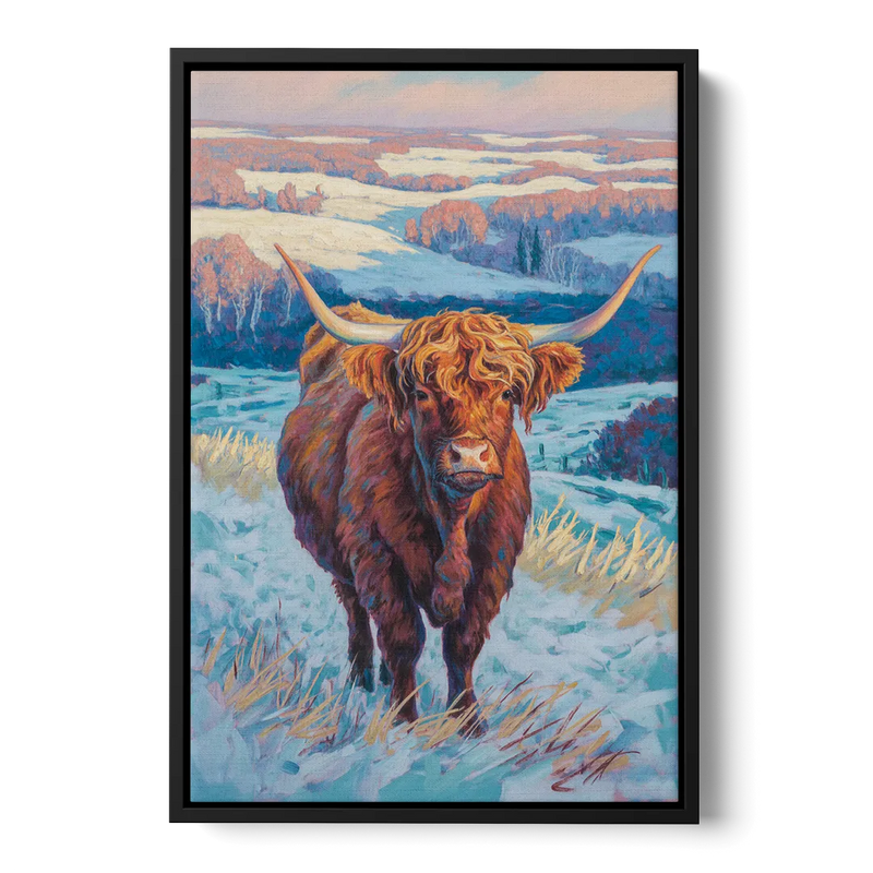 Winter Wonderland Highland Cow Front - Black Canvas Wall Art