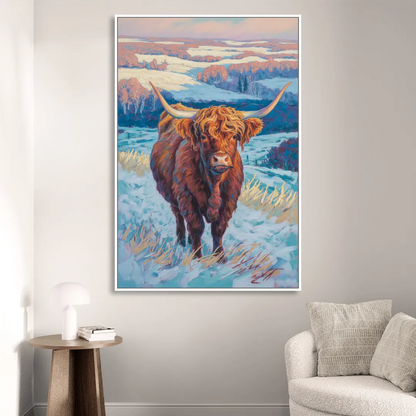 Winter Wonderland Highland Cow Sitting Room - White Canvas Wall Art