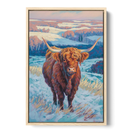 Winter Wonderland Highland Cow - Oak Framed Canvas Wall Art - Front
