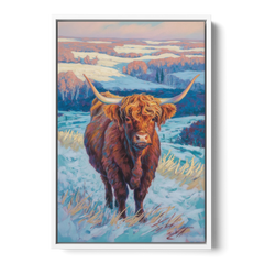 Winter Wonderland Highland Cow - White Framed Canvas Wall Art - Front