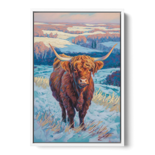 Winter Wonderland Highland Cow - White Framed Canvas Wall Art - Front
