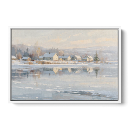 Winter Wonderland Wall Art by the Frozen Lake - White Framed Canvas Wall Art - Front