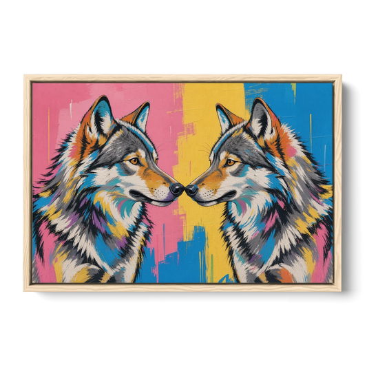 Wolf Art Prints Nose to Nose Greeting - Oak Framed Canvas Wall Art - Front