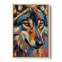 Wolf Eyes Painting in Amber and Teal - Oak Framed Canvas Wall Art - Front