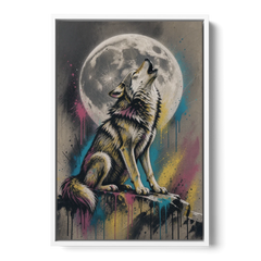 Street Art Wolf Howling at the Moon - White Framed Canvas Wall Art - Front