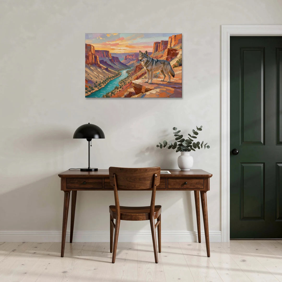 Wolf Landscape Painting Above the Canyon River - Canvas Wall Art - Office - 36x24