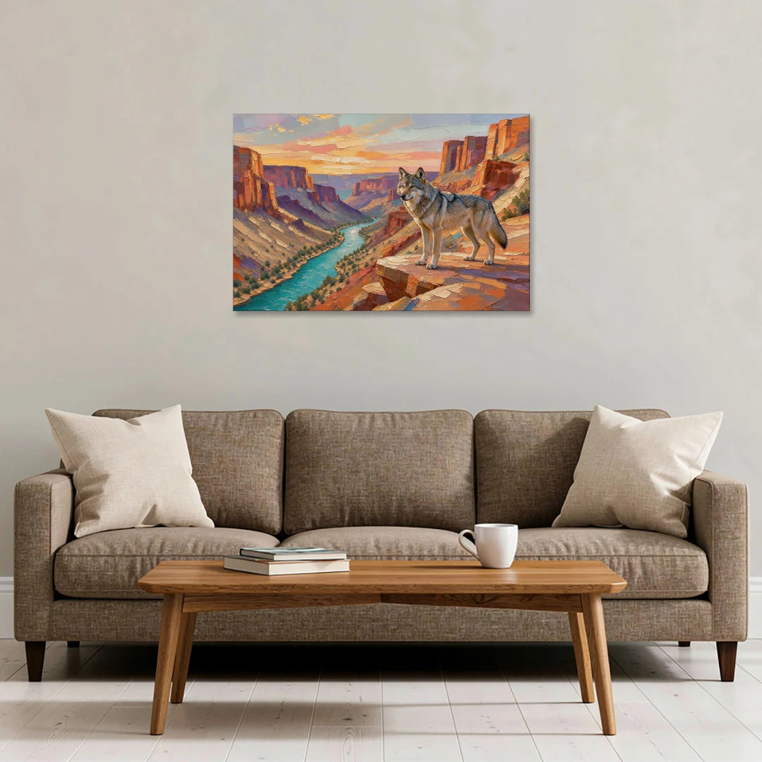 Wolf Landscape Painting Above the Canyon River - Canvas Wall Art - Sofa - 36x24