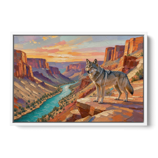 Wolf Landscape Painting Above the Canyon River - White Framed Canvas Wall Art - Front