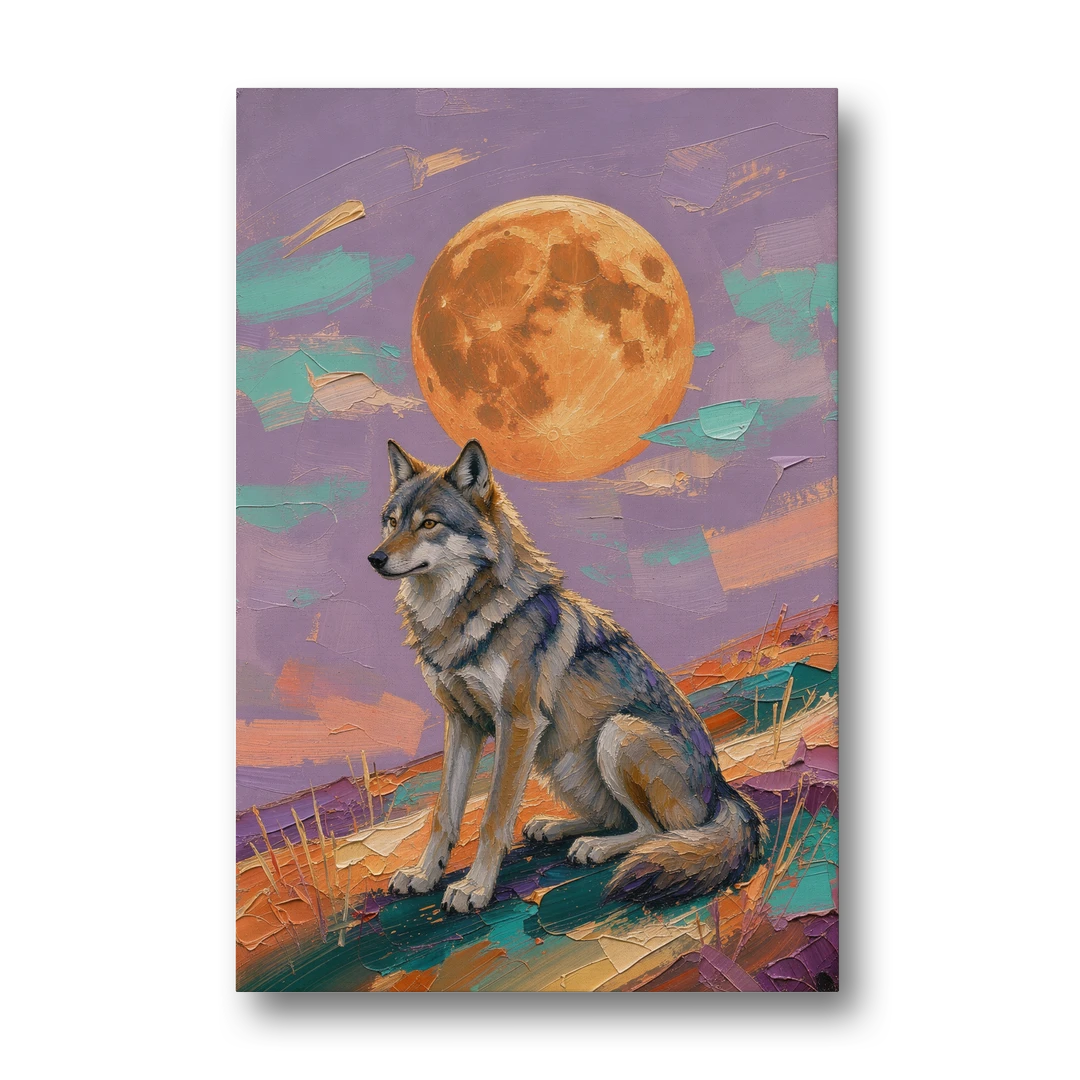 Wolf Moon Painting at Violet Dusk - Canvas Wall Art - Front