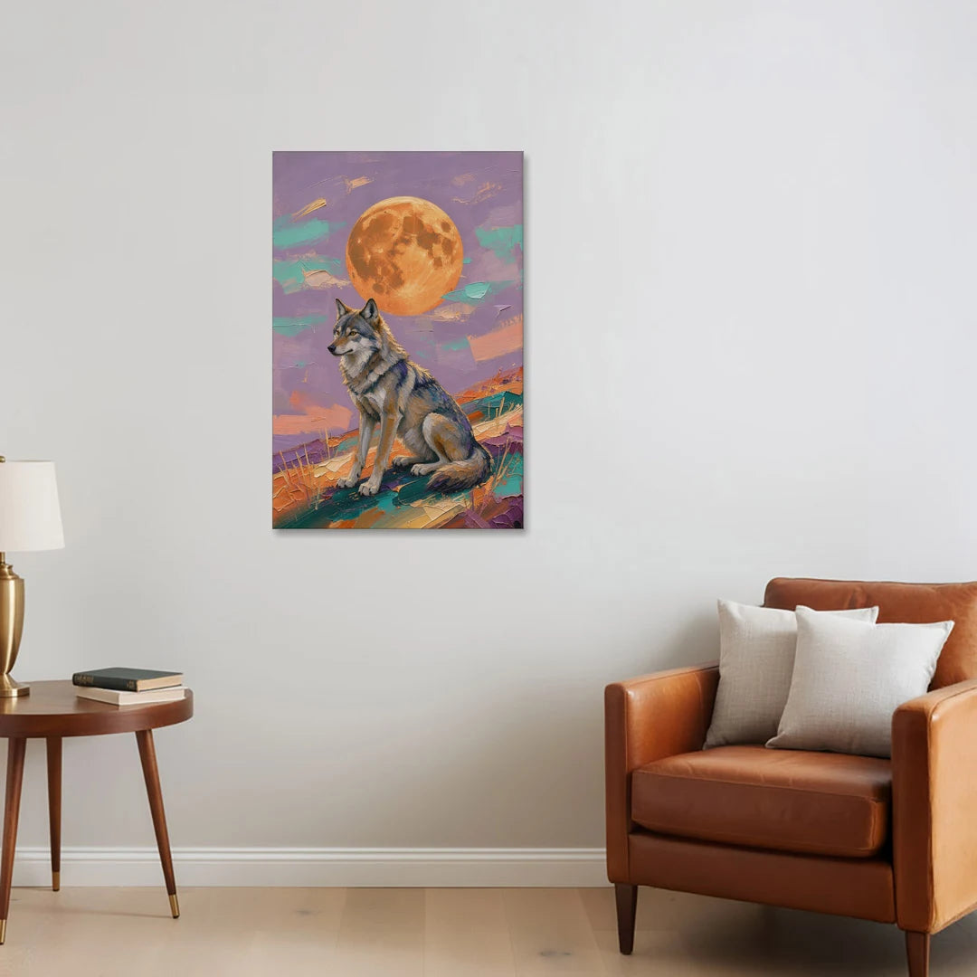 Wolf Moon Painting at Violet Dusk - Canvas Wall Art - Sofa - 24x36