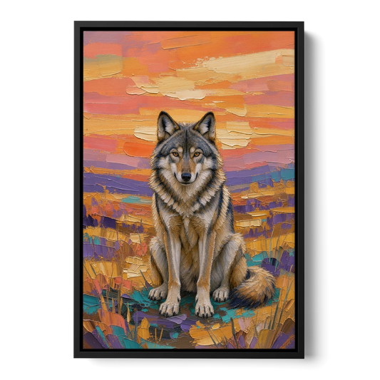 Wolf Oil Painting in Sunset Meadow - Black Framed Canvas Wall Art - Front