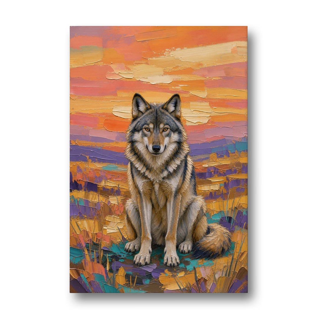 Wolf Oil Painting in Sunset Meadow - Canvas Wall Art - Front