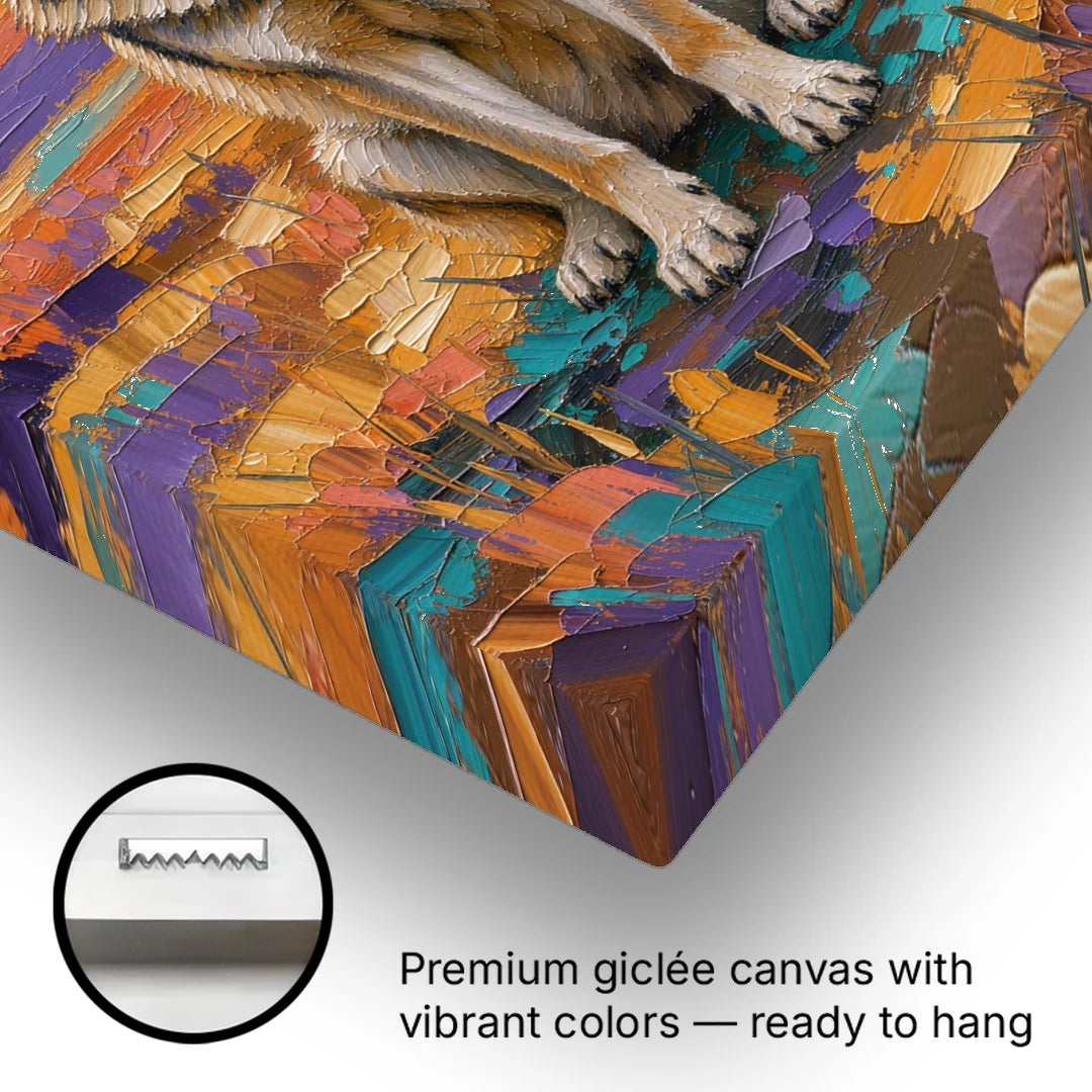 Wolf Oil Painting in Sunset Meadow - Canvas Wall Art - Gallery Wrap Corner
