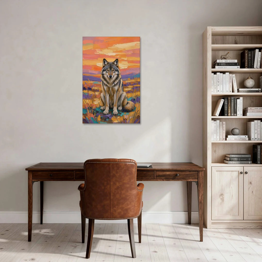 Wolf Oil Painting in Sunset Meadow - Canvas Wall Art - Office - 24x36