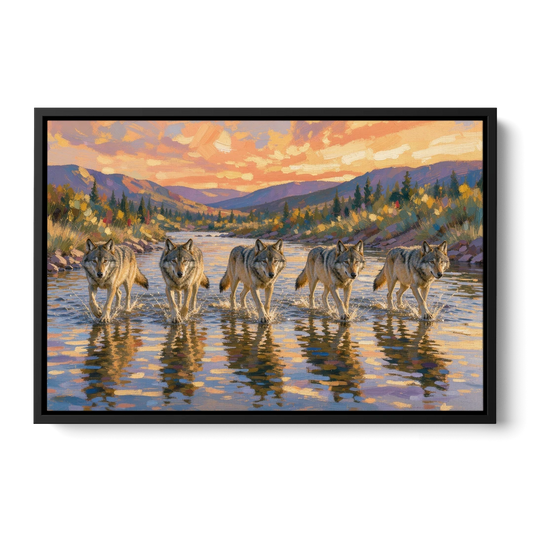 Wolf Pack Painting River Crossing at Sunset - Black Framed Canvas Wall Art - Front