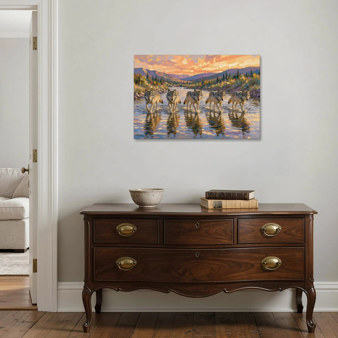Wolf Pack Painting River Crossing at Sunset - Canvas Wall Art - Coffee Table - 36x24