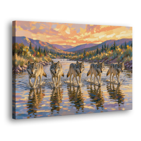 Wolf Pack Painting River Crossing at Sunset - Canvas Wall Art
